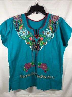 Embroidered Teal Women’s Tunic Top with Floral Detail